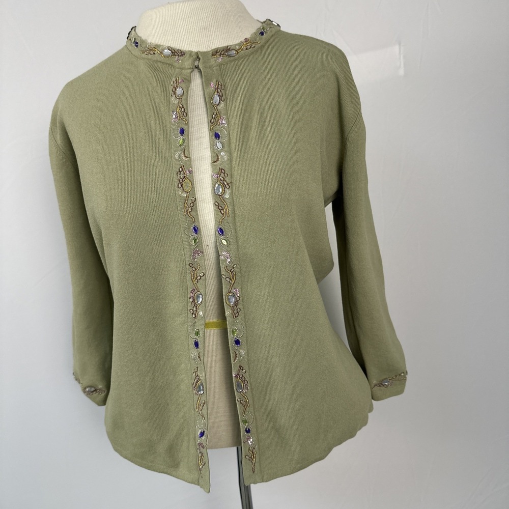 VTG Joseph A. Women's Sz L Sage Green Beaded Cardigan